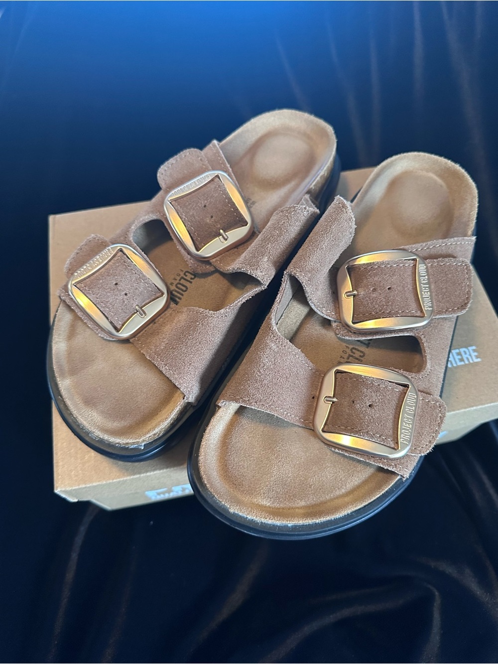 Women’s Brown Suede Project Cloud Size 7 Double-Buckle Sandals